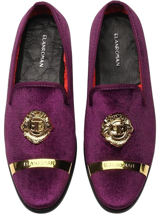 ELANROMAN Men\'s Purple Velvet Loafer Dress Gold Buckle Wedding Party Prom Shoes main image 4